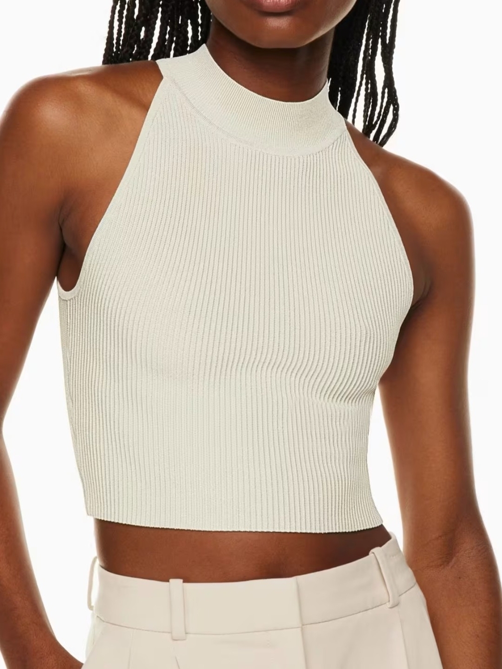 Babaton Cream Ribbed High-Neck Crop Tank